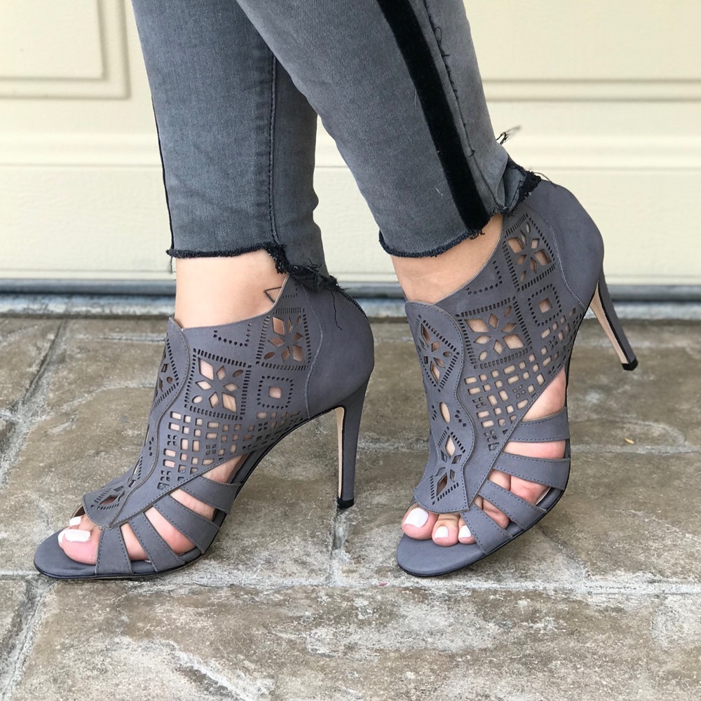Grey Genuine Leather Laser Cut Peep Toe Bootie
